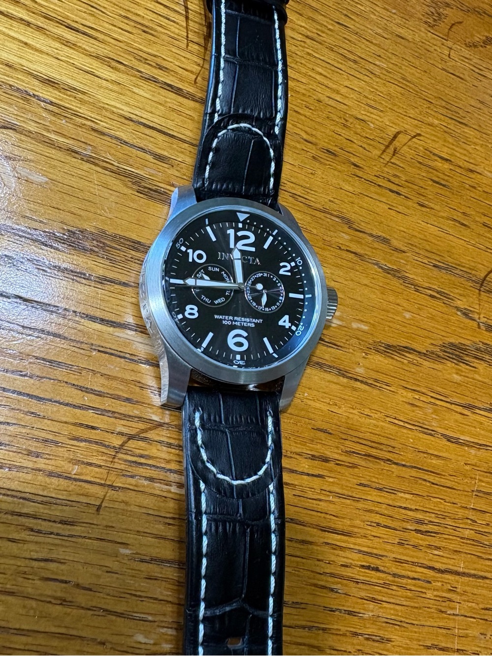 Men’s Invicta Black Dial Watch with Black Leather Strap and Silver Case